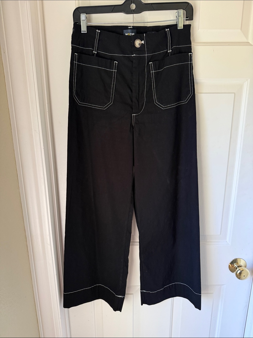 ANTHROPOLOGIE MAEVE COLLETTE Black Wide-Leg Pants with White Stitching, Size 28